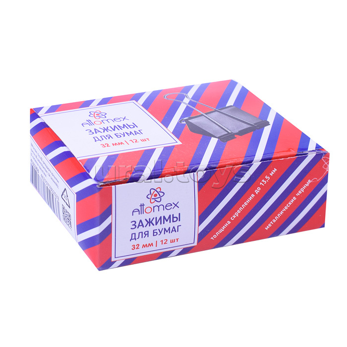 Зажим для бумаг "Attomex" металлический (32 мм) толщина скрепления до 13,5 мм, черный, 12 шт в картонной коробке