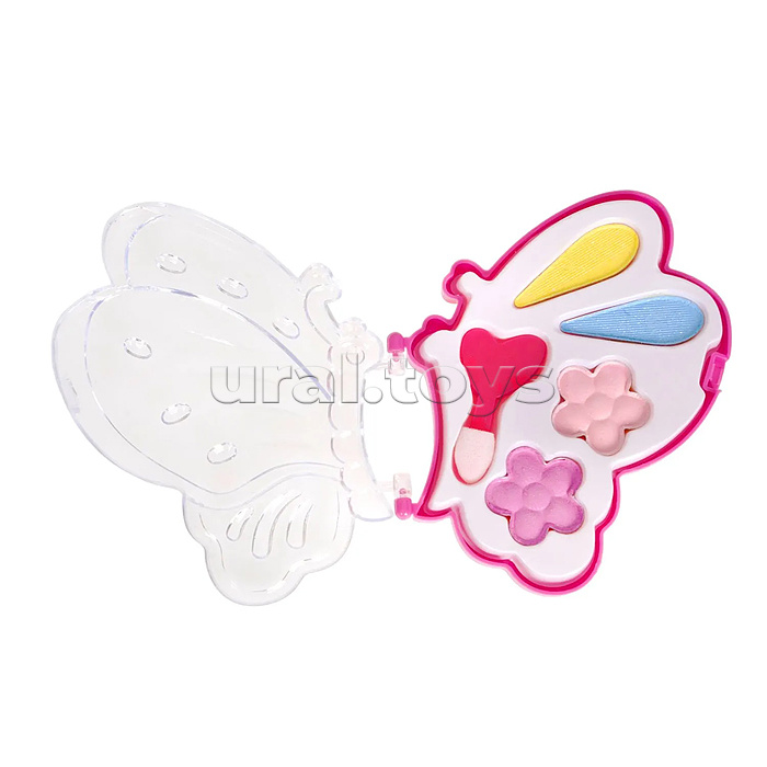 Набор детской декор. косметики Eva Moda,  бабочка с тенями для век 4 оттенка (2,8г), 2 аппликатора, помады 2 оттенка (1,6г), лак для ногтей (7,8г), цветок-футляр с блеском для губ (1,4г), 3 заколки