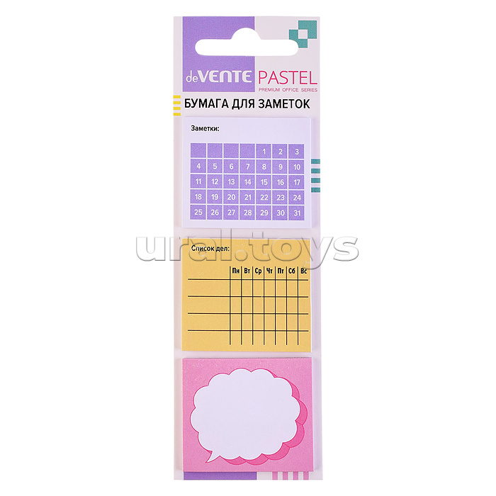 Набор клейкой бумаги для заметок-планер "Pastel" 40x35 мм, 3x20 листов, офсет 80 г/м², печать 4+0, 3 дизайна, в картонном блистере и пластиковом пакете с европодвесом