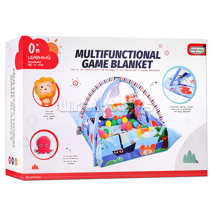 Детский развивающий коврик "Морские жители" с бортиками и шариками, в коробке