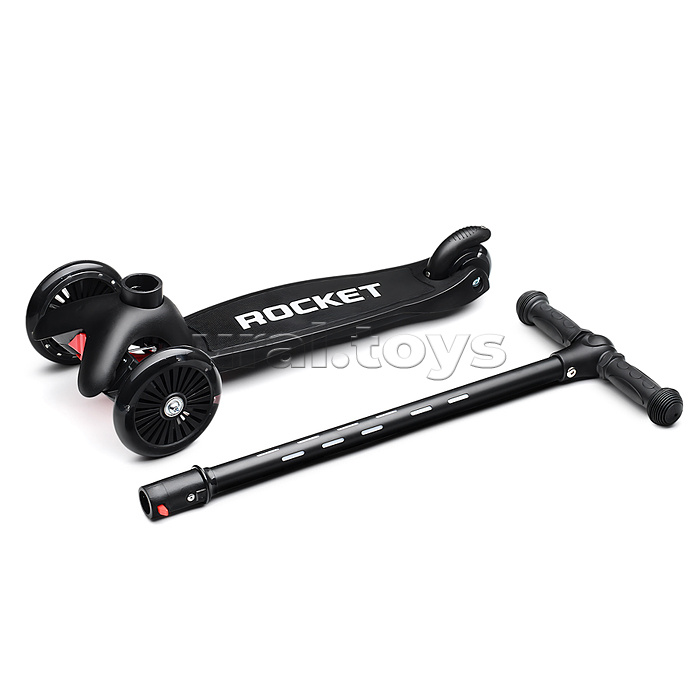 Самокат 3-х колесный ROCKET,колеса PU со светом, светящаяся стойка, ABEC 7, черный