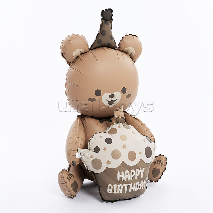 Шар (23''/58 см) Фигура 3D, Мишка с капкейком, Бежевый, Сатин, 1 шт. в уп.