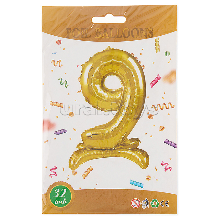 Шар (32''/81 см) Цифра на подставке, 9, Золото, 1 шт. в уп.