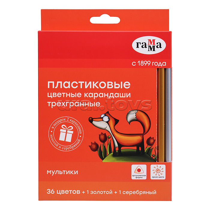 Карандаши цветные "Гамма" 36цв.+1 золотой +1 серебряный, трехгранные, заточенные. европодвес