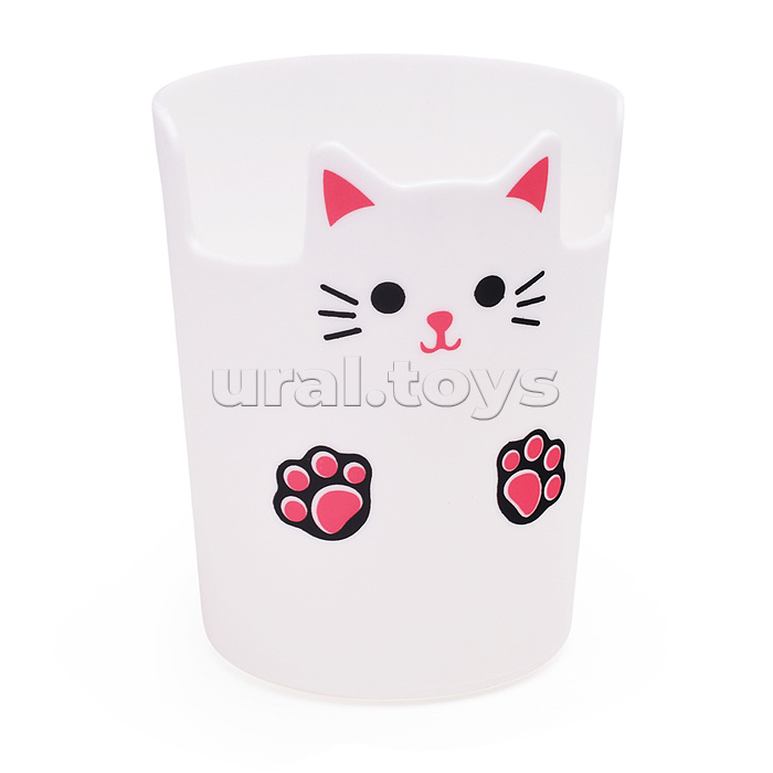 Подставка для пишущих принадлежностей пластиковая "Kitty" 10,5x7,8 см с принтом, цилиндрической формы, белая, в пластиковом пакете