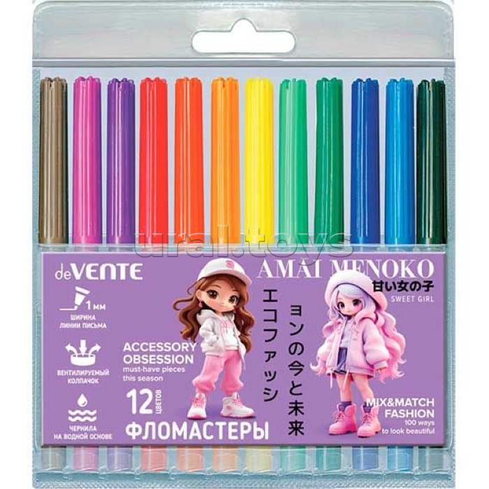 Фломастеры "Amai Menoko" 12 цветов с вентилируемым колпачком, в пластиковом блистере