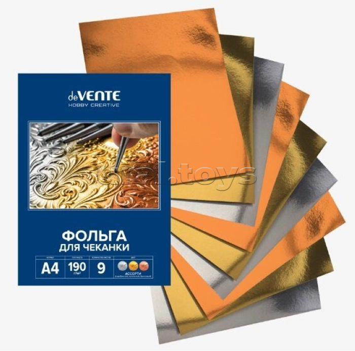 Фольга для чеканки A4 "Hobby Creative" 190 г/м², 9 л, в картонной папке, ассорти (серебристая, золотистая, бронзовая)