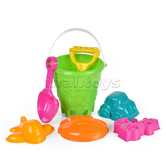 Набор летний №4 (ведро+совок+грабли+фрисби+кольцо+4 формочки)