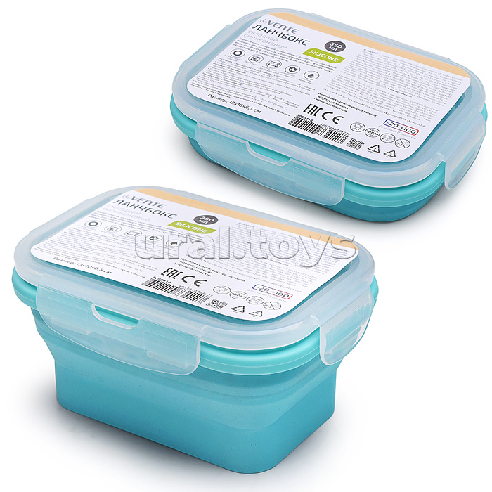 Ланчбокс складной герметичный прямоугольный, 350 мл, 13x9,5x6,5 см, в сложенном виде высота 3 см, силиконовый, с пластиковой крышкой, с отверстием вентиляции и силиконовой заглушкой, мятный