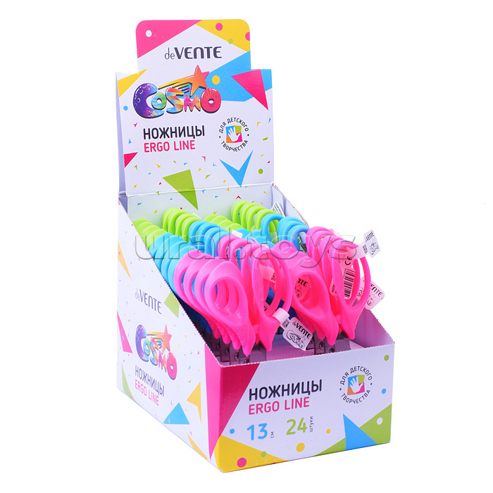Ножницы детские "Cosmo Ergo Line" 13 см, с линейкой, эргономичные пластиковые кольца, в картонном дисплее, 3 цвета ассорти