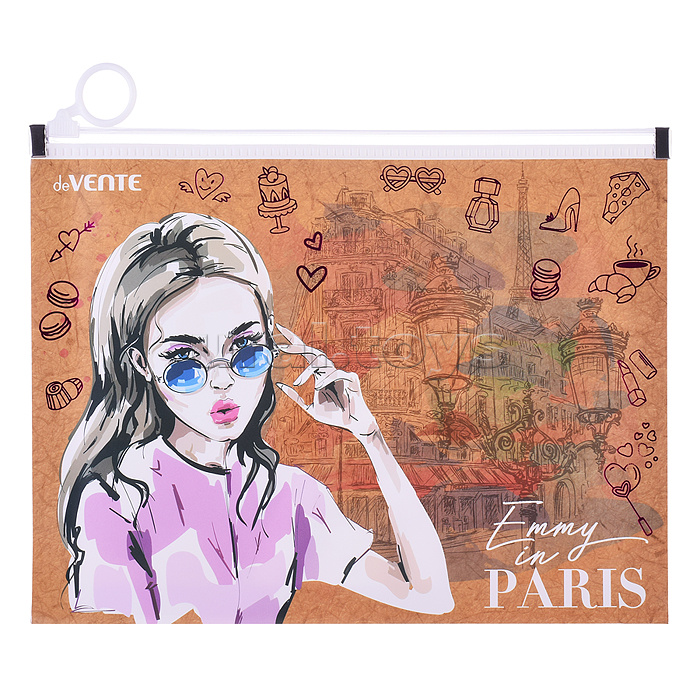 Папка на молнии с расширением "Emmy in Paris" A5 (240x180x25 мм) 180 мкм, фактура крафт-имитация с рисунком, тиснение фольгой, индивидуальная маркировка Папка на молнии с расширением "Emmy in Paris" A5 (240x180x25 мм) 180 мкм, фактура крафт-имитация с рисунком, тиснение фольгой, индивидуальная маркировка