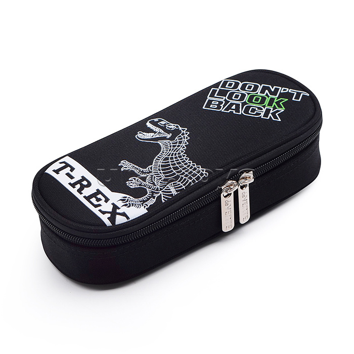 Пенал "T-Rex"  210x80x50 мм овальный, плотный износостойкий полиэстер с водоотталкивающей пропиткой, овальной формы на молнии для 50 предметов, с внутренним органайзером-створкой, с 2-мя бегунками, черный