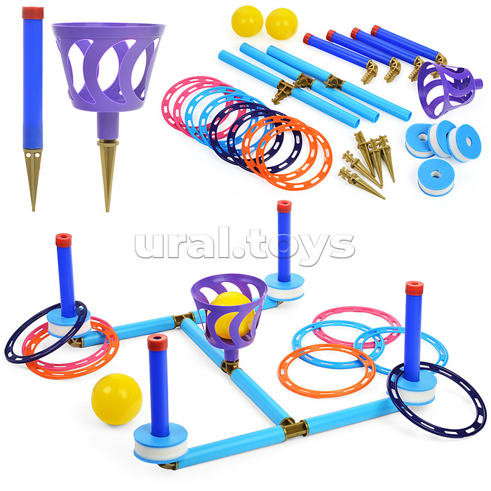 Плавающий кольцеброс - шароброс 3в1 (дом/улица/вода). 4 стойки + 8 колец, 1корзинка + 2 мяча, клин - 5 шт, поплавок - 4шт.