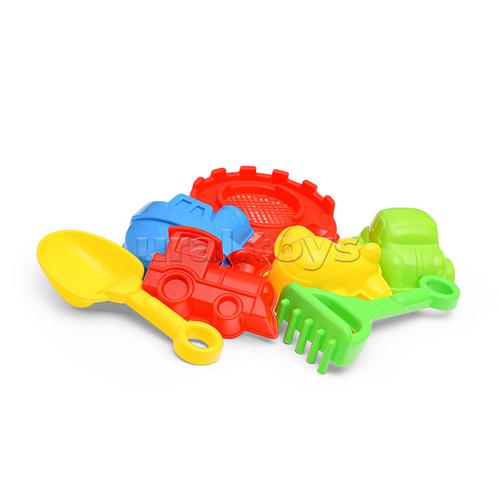 Набор песочный №14 (сито+лопатка+грабли+4 формочки транспорт)