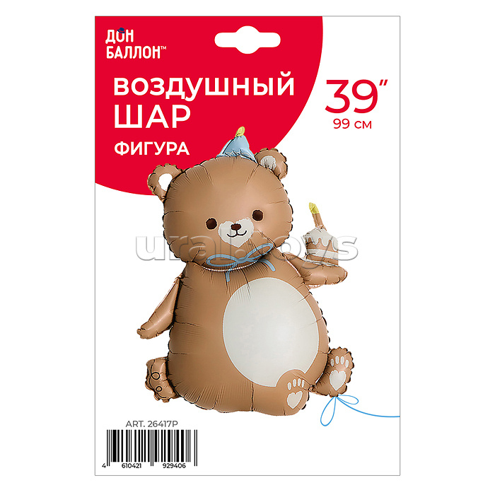 Шар (39''/99 см) Фигура, Мишка с кексиком, Коричневый, Сатин, 1 шт. в уп.
