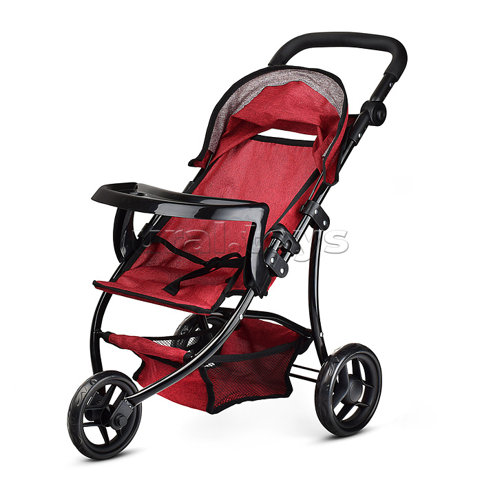 Коляска для кукол 3-колесная, металлическая, прогулочная, с тентом, с корзиной,цвет бордовый