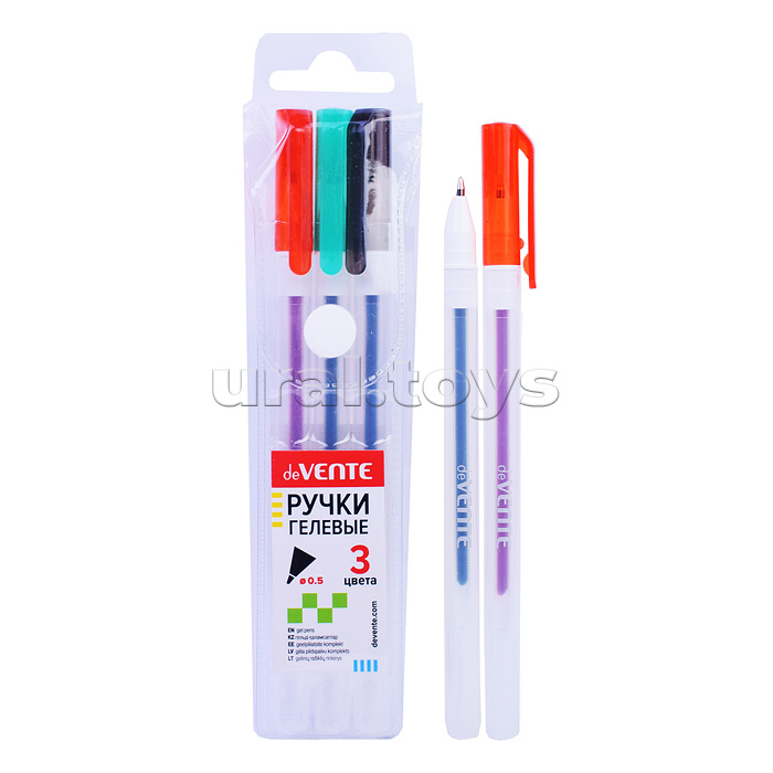 Набор ручек гелевых 3 стандартных цвета, d=0,5 мм, прозрачно-матовый корпус, сменный стержень, в пластиковом блистере