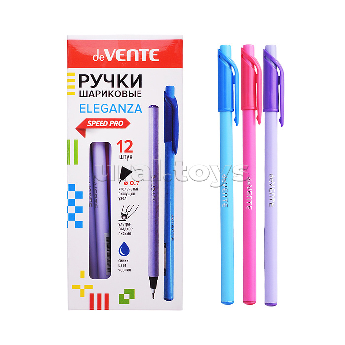 Ручка шариковая "Eleganza" серия Speed Pro, d=0,7 мм, ультра гладкое письмо, чернила на масляной основе, игольчатый пишущий узел, цветной корпус, цвета корпуса ассорти, одноразовая, индивидуальная маркировка, синяя, в картонной коробке