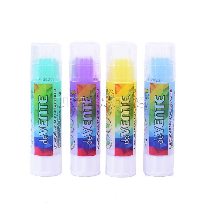Клеящий карандаш PVP основа "Color Gel" 09 г гелевый цветной полупрозрачный, 4 цвета ассорти (голубой, зеленый, фиолетовый, желтый) в картонном дисплее с пластиковым поддоном