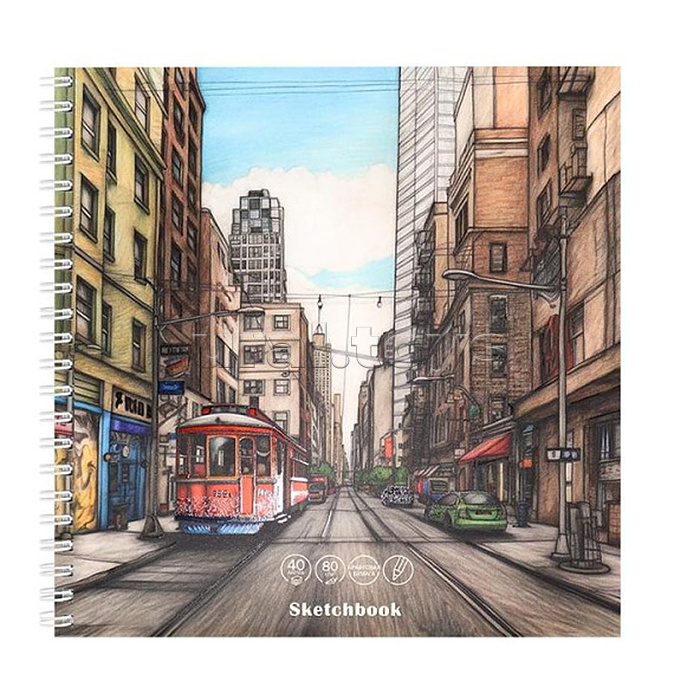 Скетчбук 40л. "Городской проспект" греб. сбоку,обл. мел. кар, бл-крафт, мат.л,выб.л, 190х190