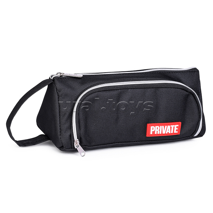 Пенал "Private" 21x8,5x8,5 см, треугольный для 70 предметов, текстильный, на молнии, с ручкой, наружный объемный карман на молнии с плавающей перегородкой, с каучуковой аппликацией, черный Пенал "Private" 21x8,5x8,5 см, треугольный для 70 предметов, текстильный, на молнии, с ручкой, наружный объемный карман на молнии с плавающей перегородкой, с каучуковой аппликацией, черный