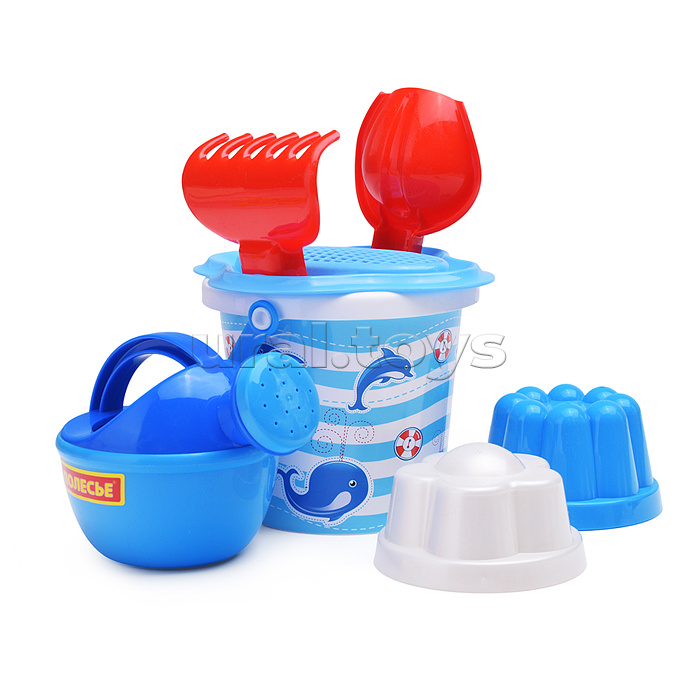 Набор №228: ведро малое с наклейкой, ситечко-цветок, совок №2, грабельки №2, 2 формочки, лейка малая