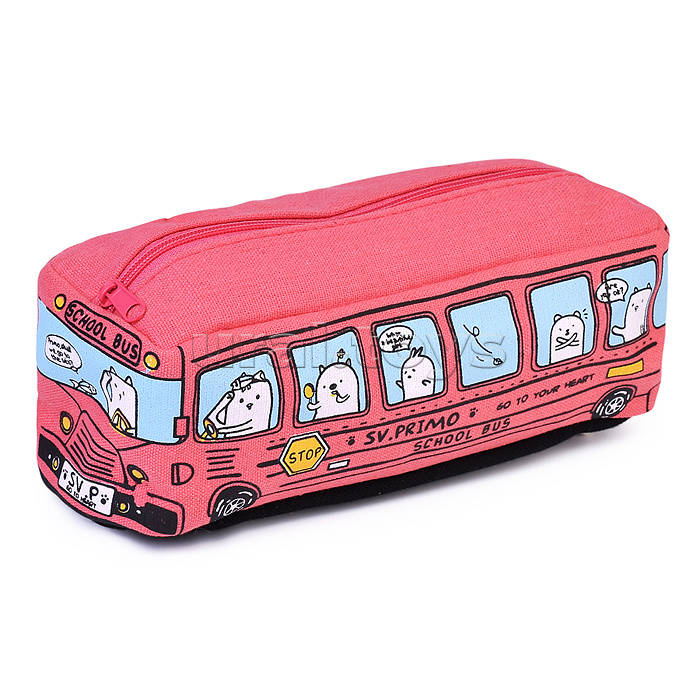 Пенал-косметичка автобус ткань, молния, 80 х 180 мм, "Cat bus", розовый