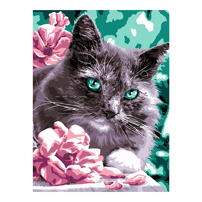 Картина по номерам на картоне 40*50 см "Котик в цветах"