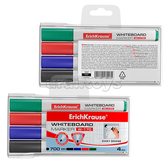 Маркер для досок W-170, цвет чернил: черный, синий, красный, зеленый (в футляре по 4 шт)