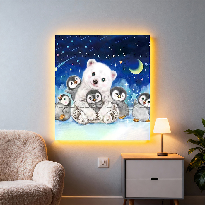 Мозаика алмазная "Мишка на Севере с пингвинами" (светится в темноте) 20*20см.