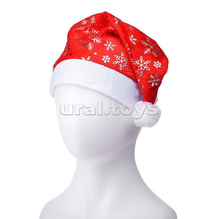 Колпак карнавальный, белые снежинки на красном  28*38см
