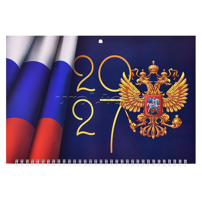 Календарь квартальный на 2027 г. "Россия" трехблочные, 305х680мм, сетка - 3 мес, крепл. - 3 двойные евроспир., перфорация, пикколо(металл), бегунок. Индивид.уп.