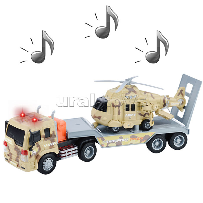 Автовоз "Военный" с вертолетом 1:16 (свет, звук) в коробке (камуфляжный)