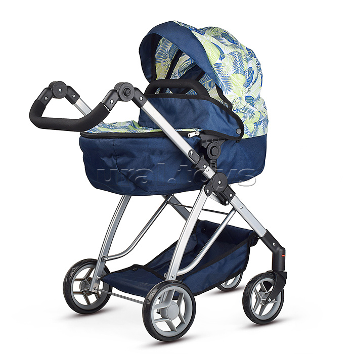 Коляска для кукол, металлическая, складная,с сумкой-корзиной для мамы,цвет листья на тёмно синем