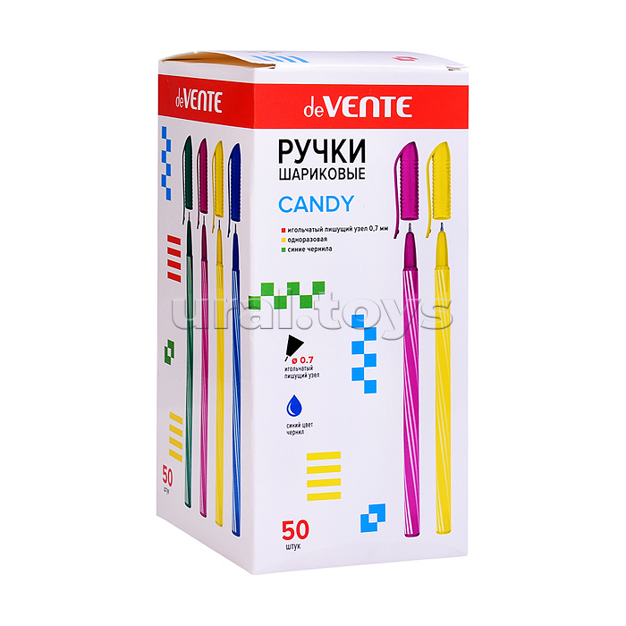 Ручка шариковая "Candy" d=0,7 мм, цветной полосатый корпус, игольчатый пишущий узел, одноразовая, индивидуальная маркировка, цвета корпуса ассорти, в пластиковой тубе, синяя