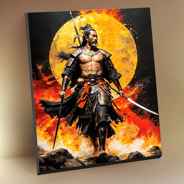 Картина по номерам 40х50 "Японский самурай" чёрный холст с золотой поталью 26 цветов