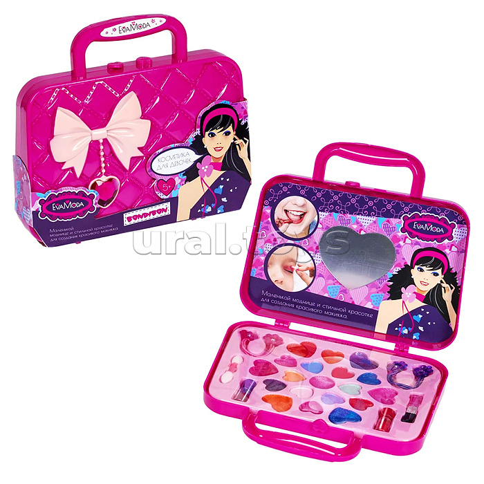 Набор детской декор. косметики Eva Moda, BOX 20х5,5х17,8см, косметичка-сумочка с бантиком, тени для век 7 оттенков (5,4г),помада 2 оттенка (1г), блеск для губ 12 оттенков (9,6г), аппликатор 1шт., кисточка 1шт., 2 резиночка для волос