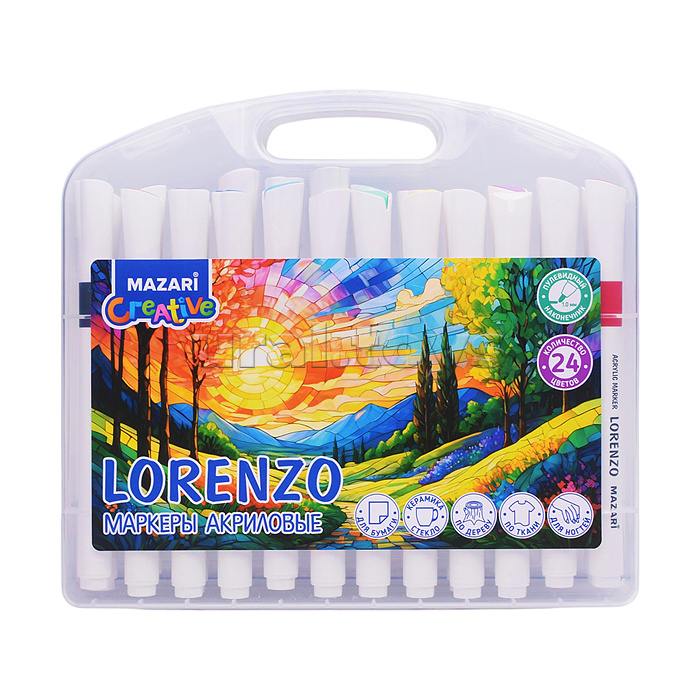 Набор маркеров акриловых Lorenzo, 24 цвета, пулевидный наконечник 2.0 мм, пластиковый корпус , пластиковый пенал с европодвесом