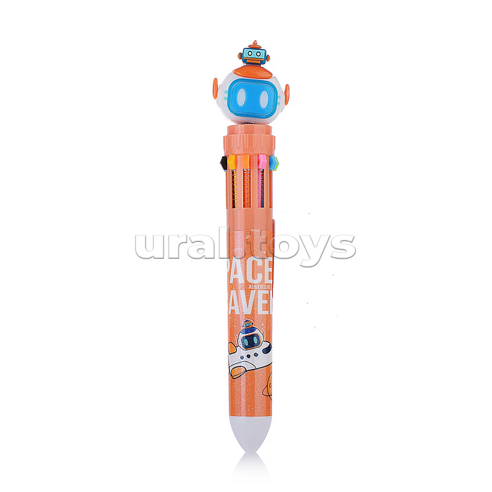 Ручка шариковая автоматическая SPACE1, 10-ти цв. (Розовый, фиолетовый, черный, синий, красный, голубой, коричневый, желтый, оранжевый, зеленый), пулевидный пиш. узел, 0.7 мм, цветной пластиковый корпус с голографическим эффектом, ассорти 4 дизайна, картон