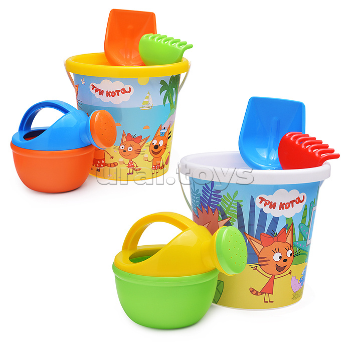 Песочный набор "Три кота" №14: Ведро с наклейкой, лопатка №5, грабельки №5, лейка малая №4