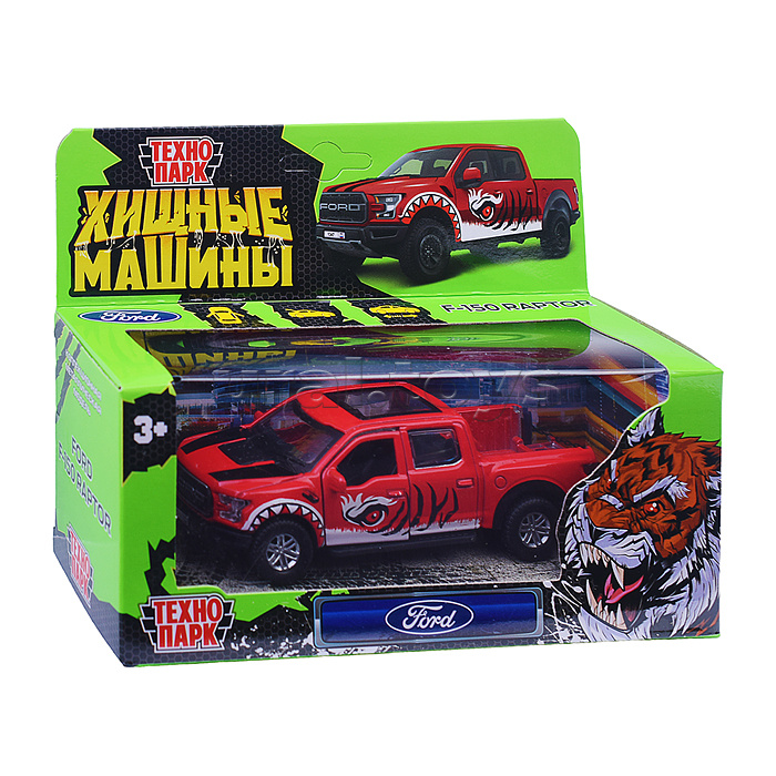 Машина металл Ford F150 Raptor Хищники 12 см, (двер, баг, красный) инерц., в коробке