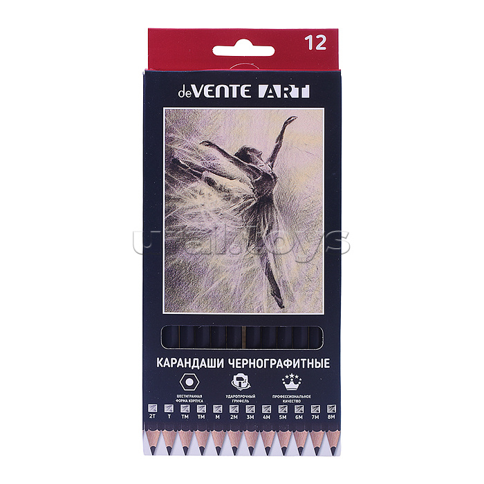 Карандаш чернографитный "Art" 12 шт в наб (2Т, Т, ТМ-2, М, 2М, 3М, 4М, 5М, 6М, 7М, 8М), шестигранный, заточенный, корпус черный с топом, в картонной коробке