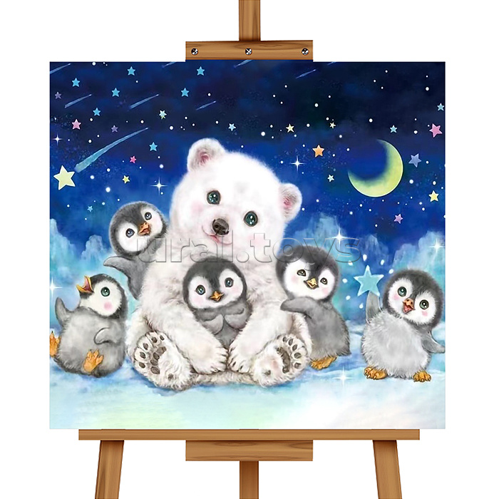 Мозаика алмазная "Мишка на Севере с пингвинами" (светится в темноте) 20*20см.