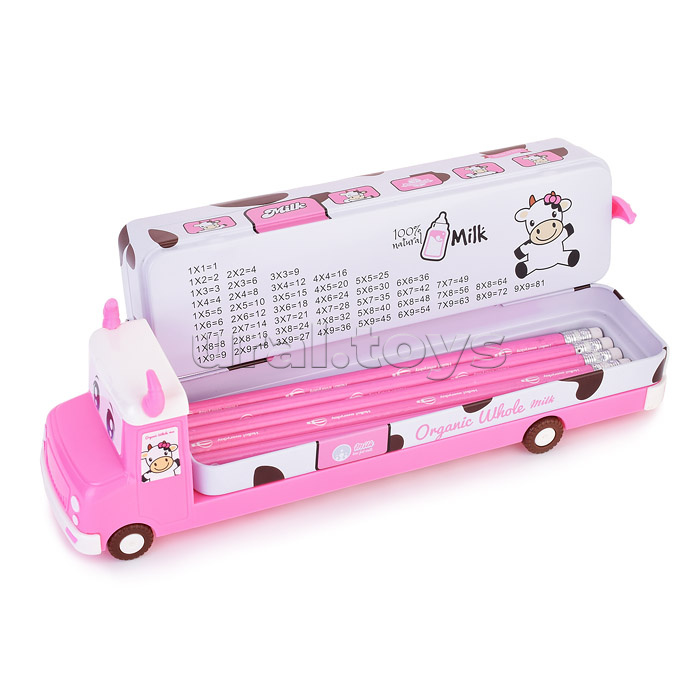 Пенал металлический 2 отделения автобус таблица умнож, линейка 15 см, 5 ч/г карандашей, 2 точилки 50 х 190 мм, "Milk bus", розовый
