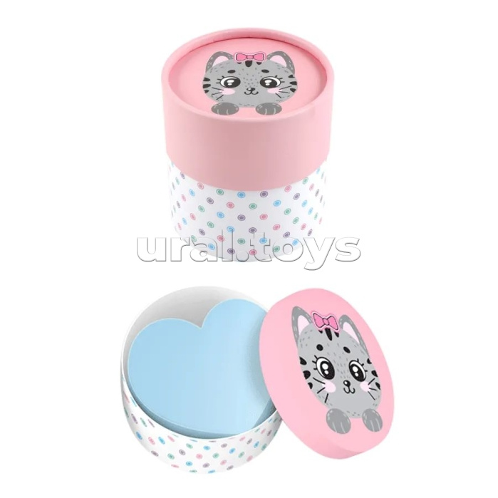Блок бумажный для записей "100% Cute. Cat" 70x70 мм, 700 листов, офсет 75 г/м², пастельный голубой в форме сердца, непроклеенный, в круглой подарочной коробке и термоусадочной пленке