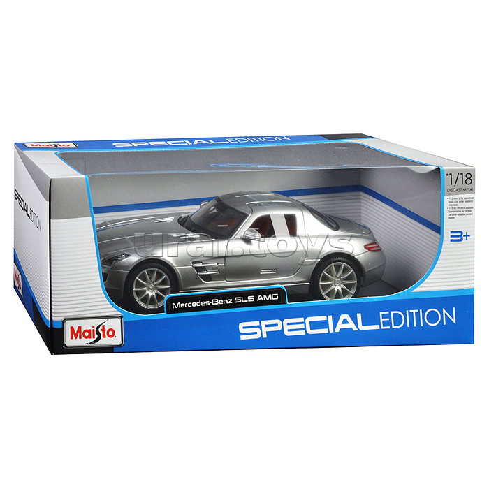 Машинка die-cast Mercedes-Benz SLS AMG, 1:18, серебристая, открывающиеся двери