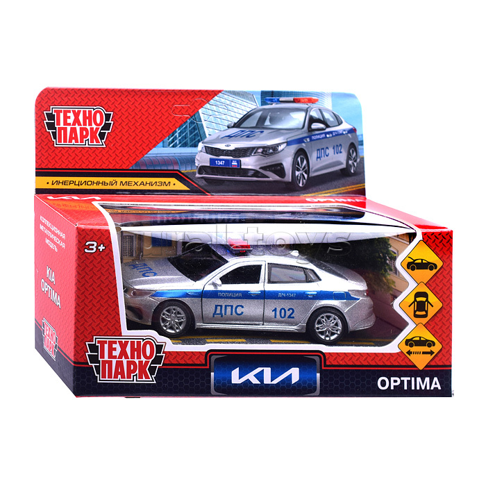 Машина металл Kia Optima полиция 12 см, двер, баг, инерц, серебристый, в коробке