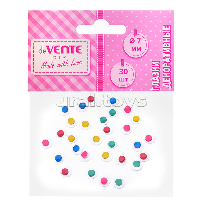 Глазки декоративные круглые пластиковые, самоклеящиеся, цвет ассорти 30шт, 7 мм в пластиковом пакете с блистерным подвесом