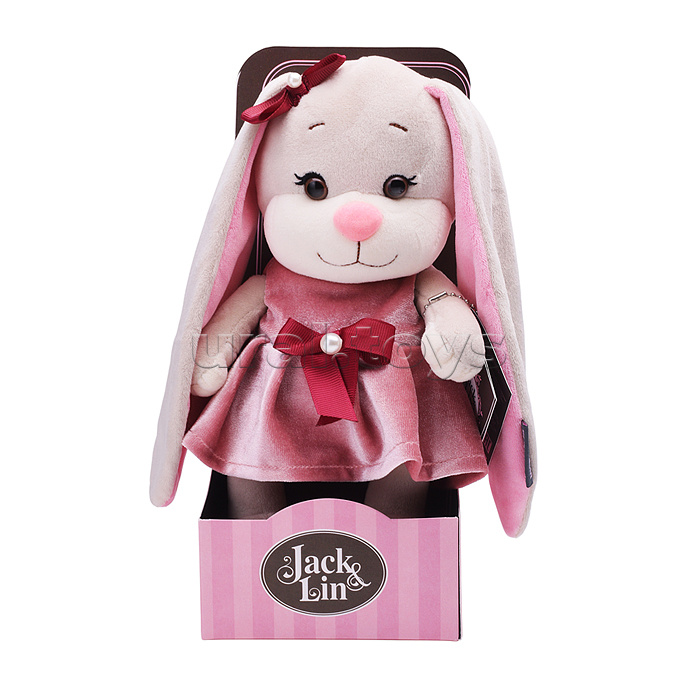 Зайка Лин в розовом бархатном платьице с бантиком, 20 см