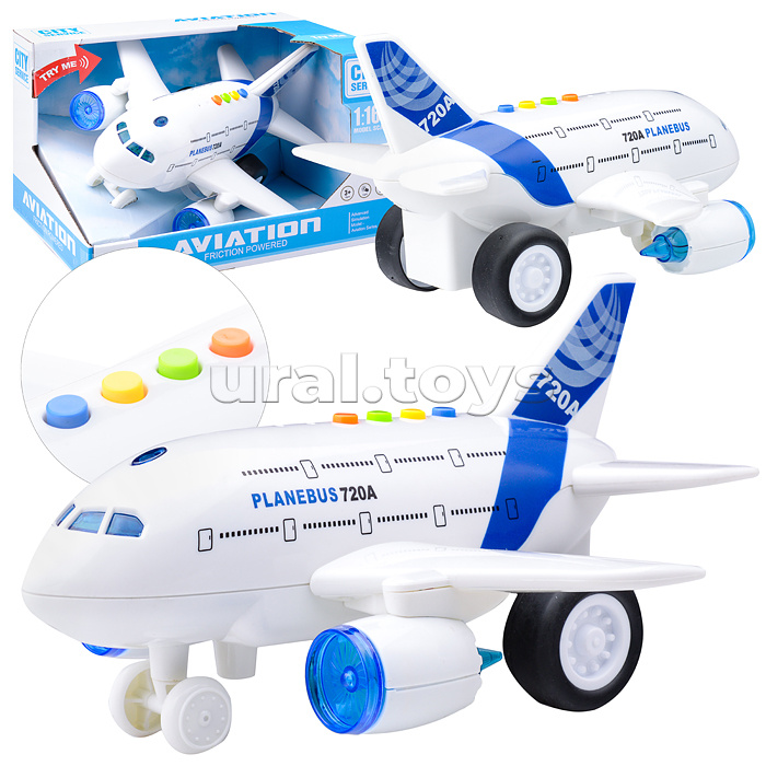 Самолет "Planebus 720A" 1:16 (свет, звук) на батарейках, в коробке